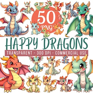 Puede incluir: Ilustración colorida de numerosos dragones de dibujos animados en varios colores, incluyendo azul, verde, naranja y rojo. La imagen incluye el texto "HAPPY DRAGONS" y "50 PNG".