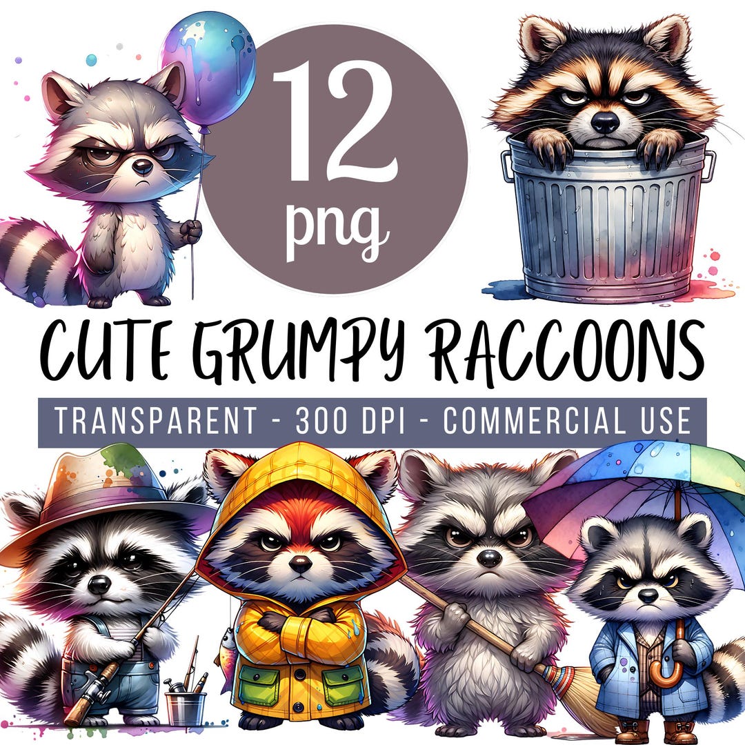 Funny Grumpy Raccoon Clipart Bundle, 12 Watercolor PNG Images Set ...