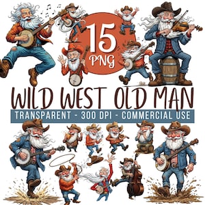 May include: A set of 15 PNG images depicting a cartoon Wild West old man playing musical instruments. The images include a banjo, violin, and double bass. The old man is wearing a cowboy hat, blue jeans, and a red plaid shirt.