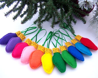 Felt Ornaments Set of 10 Handmade felt bulbs Christmas lights ornament Hand stitched CHILD SAFE Free Shipping