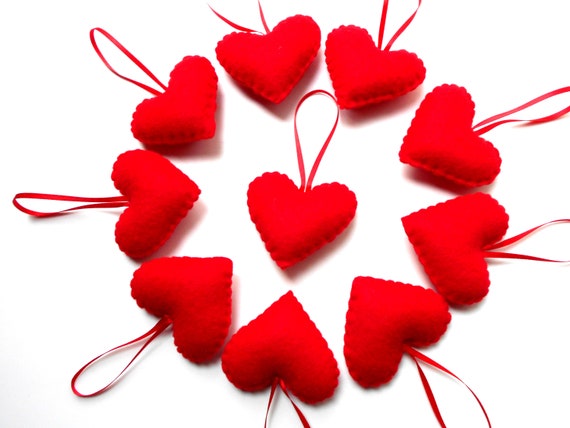  10 red heart ornaments, felt heart decorations
