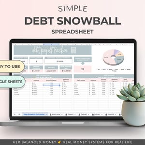 May include: A laptop screen displaying a Simple Debt Snowball Spreadsheet with a debt payoff tracker, pie chart, and data tables. Two rectangular labels on the left read Easy To Use and Google Sheets. A small succulent in a white pot sits nearby.
