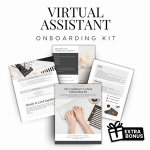 May include: A virtual assistant onboarding kit with the text "Virtual Assistant Onboarding Kit" at the top. The kit includes several documents, a notebook, and a gift box with the words "Extra Bonus".