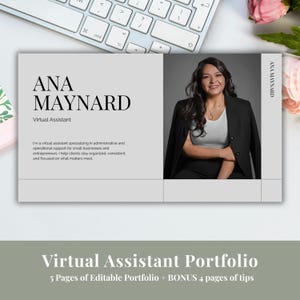 May include: A virtual assistant portfolio template with the name "ANA MAYNARD" in large, bold letters. The image includes a professional headshot and text describing her services. The bottom of the image reads "Virtual Assistant Portfolio".