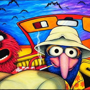 May include: A colourful painting depicting a blue creature with a long nose wearing a beige bucket hat and sunglasses, smoking a cigarette whilst driving a red convertible. Beside them sits a red, furry creature with a wide, surprised expression.
