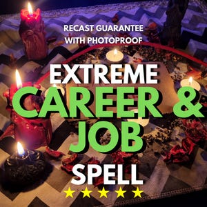 Puede incluir: Un montaje ritual con varias velas encendidas, pétalos de flores rojas secas esparcidos y un papel central con el texto RECAST GUARANTEE WITH PHOTOPROOF, EXTREME CAREER & JOB SPELL y cinco estrellas amarillas sobre una tela con patrón de chevrón.