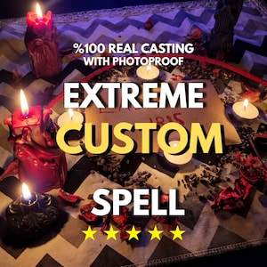 May include: A ritual setup featuring red and black candles, scattered dried flower petals, and a central paper with text. The image includes the text %100 REAL CASTING WITH PHOTOPROOF, EXTREME CUSTOM SPELL, and five yellow stars arranged in a row.