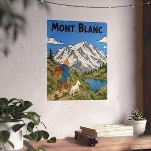 Mont Blanc Wanderer Retro Tim und Struppi Kunst | Vintage Reiseposter | Bergposter | Geschenk für Hundebesitzer, Hundekunst, Geschenk für Rucksacktouristen, Wanderkunst, Wanderposter