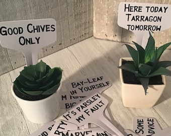 herb plant sticks, punny, funny sayings, set of 12