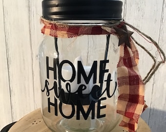 home sweet home - candle holder, candle jar, pint size mason jar, homespun, primitive