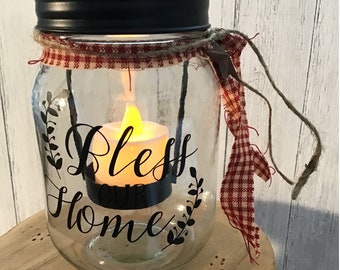 bless our home - candle holder, candle jar, pint size mason jar, homespun, primitive