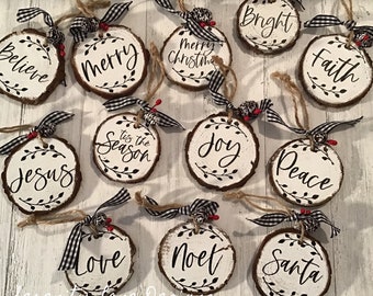 holiday words - white rustic wood round slice ornaments - set