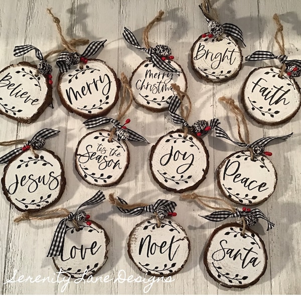 holiday words - white rustic wood round slice ornaments - set or individual