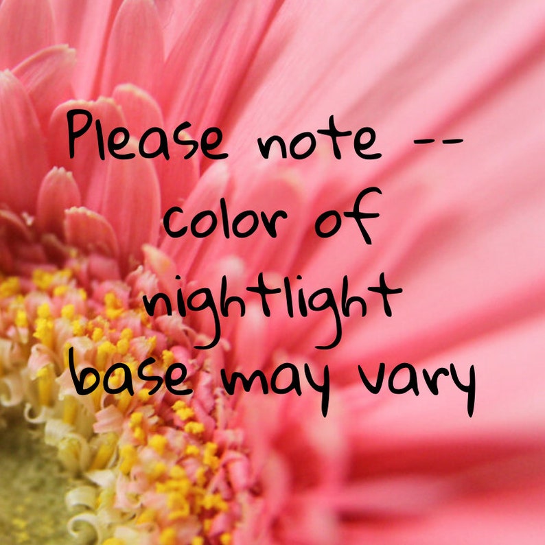 May include: Close-up of a pink flower with a yellow center. The text "Please note -- color of nightlight base may vary" is written on the flower.