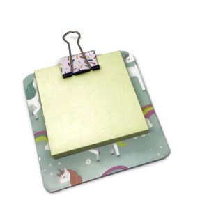 sticky note holder  mini-clip board,  magnetic memo holder - unicorns