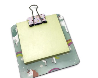 sticky note holder  mini-clip board,  magnetic memo holder - unicorns