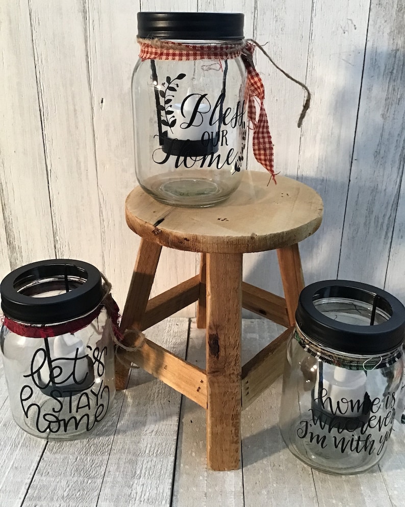 let's stay home candle holder, candle jar, pint size mason jar, homespun, primitive image 4