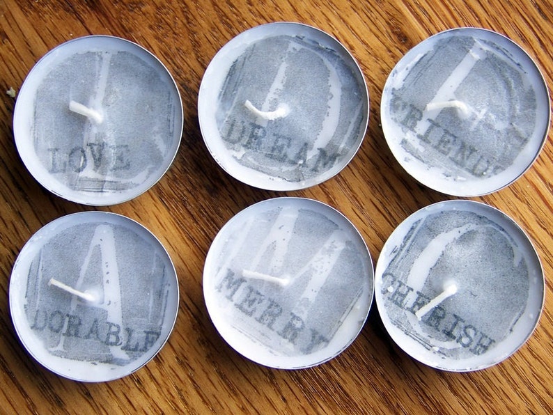 tea lights, candles hand stamped tealights words, set of 6 image 2