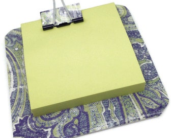sticky note holder  mini-clip board,  magnetic memo holder - blue paisley design