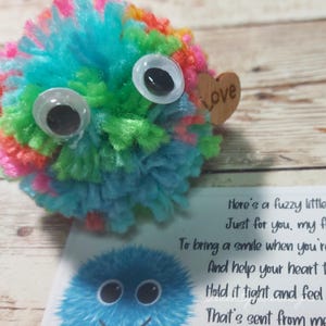 May include: A colorful fuzzy pom-pom with googly eyes and a wooden heart that says "Love". The pom-pom is accompanied by a card with a poem about the pom-pom.
