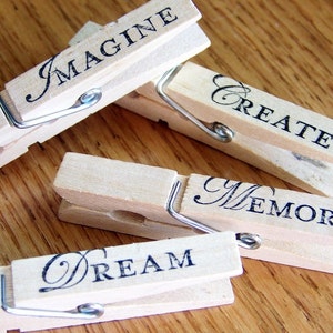 decorative clothespins, hand stamped, magnetic clips. inspirational design set of 4 image 1