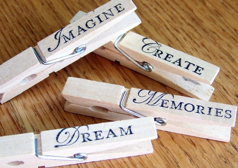 decorative clothespins, hand stamped, magnetic clips. inspirational design set of 4 image 1