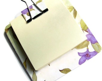 sticky note holder  mini-clip board,  magnetic memo holder - purple floral and leaves theme