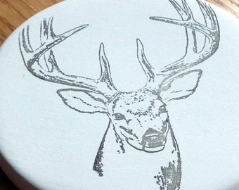 cup holder coaster, wine glass coaster - hand stamped bisque tile, absorbent -- deer / buck