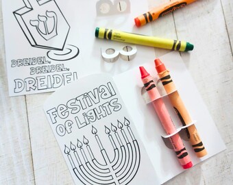 set of 6 HANUKKAH coloring cards, place settings, school gifts, cards for kids, party favors