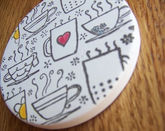 Hand Stamped Bisque Tile Coaster, Coffee Cup Design