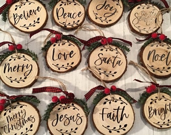 holiday words - rustic wood round slice ornaments - set or individual