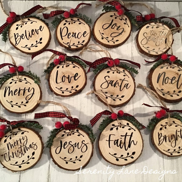 holiday words - rustic wood round slice ornaments - set or individual
