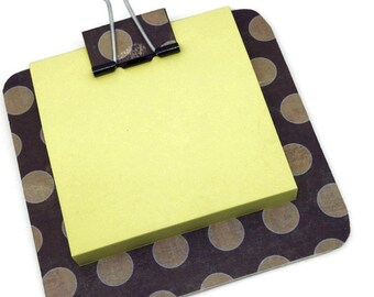 sticky note holder  mini-clip board,  magnetic memo holder - brown polka dots