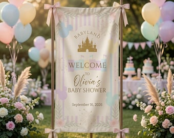 Disney Babyland Baby Shower Sign, Custom Tapestry Welcome Banner, Personalized Name & Date Backdrop