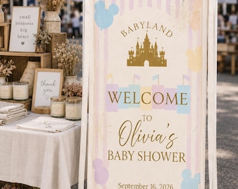 Disney Babyland Baby Shower Zeichen, benutzerdefinierte Tapisserie Willkommensbanner, personalisierter Name & Datum Hintergrund