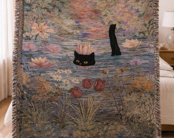 Black Cat in Lily Pond Woven Blanket, Cottagecore Floral Throw, Artistic Cat Lover Gift, Whimsical Nature Tapestry, Cozy Home Decor Gift