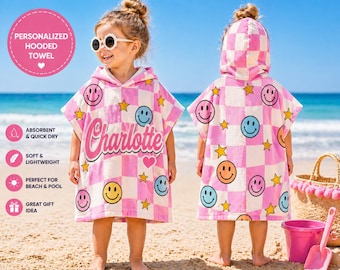 Personalized Checkered Smiley Kids Hooded Towel, Custom Beach Towel for Kids, Boys & Girls Bath Towel, Colorful Kids Gift, Pool Towel