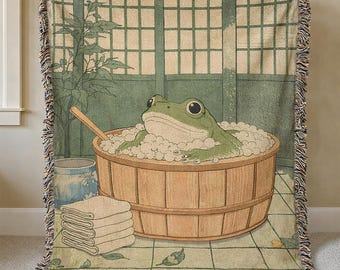 Frog in Bathtub Woven Blanket, Japanese Aesthetic Cottagecore Throw, Cute Frog Decor for Bedroom, Ukiyo-e Style Zen Frog Art, Cozy Blanket