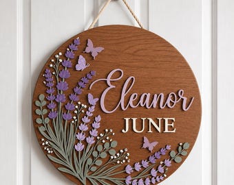 Personalized Baby Girl Nursery Door Sign, Custom Name Wooden Round Sign, Garden Floral Wall Decor, Baby Shower Gift, Newborn Room Art