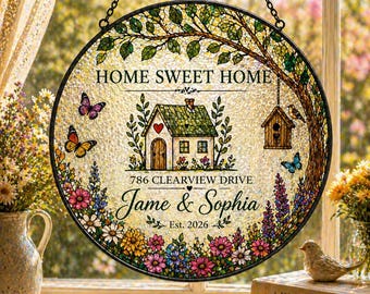 Personalized First Home Stained Glass Suncatcher, New Home Occasion Housewarming Gift For Moving In Friend, Realtor Keepsake