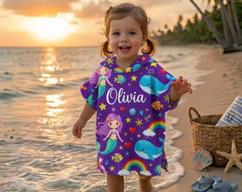 Mermaid Personalized Kid Hooded Towel, Custom Kid Summer Vacation Towel, Toddler Pool Towel, Mermaid Birthday Gift For Kids