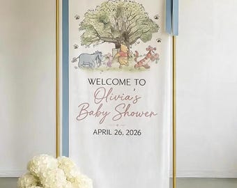 Winnie the Pooh Baby Shower Willkommen Banner, personalisierte Babyparty Dekor, Hundert Morgen Wald Stoff Dekor, Babypartygeschenk