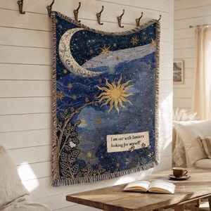 Celestial Woven Throw Blanket | Sun and Moon Vintage Tapestry | Dark Academia Room Decor | Moody Cottagecore Wall Art