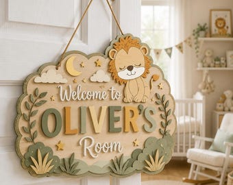 Personalized Lion Wooden Name Sign, Baby Birth Announcement Plaque, Custom Safari Nursery Wall Decor, Unique Baby Boy Gift