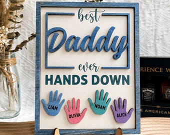Personalized Hands Down Best Dad Ever, Handprint Sign Fathers Day 2026 Gift, Celebrate Dad with Handprints, Custom Engraved Wooden Sign