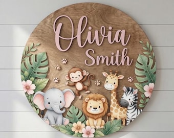 Letrero personalizado con nombre para la habitación del bebé, decoración de pared de madera con animales de safari, letrero personalizado con el nombre del bebé, decoración de la jungla para la habitación del bebé, regalo para baby shower