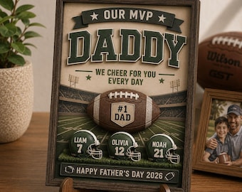 Personalized Football Dad Wooden Sign, Custom American Football Gift, Father's Day Sign with Kid's name, Sports Dad Wooden Decor