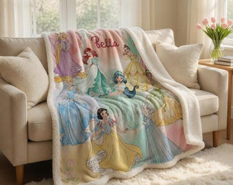 Personalized Disney Princess Blanket, Princess Girl Gift, Personalized Kid Blanket,Girly Gift Ideas, Disney Cinderella Ariel Belle Blanket