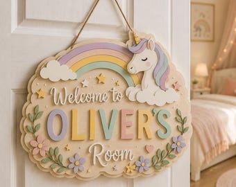 Personalized Unicorn Door Sign for Kids Room, Custom Name Unicorn Wall Decor, Girls Bedroom Door Hanger, Magical Nursery Sign Gift