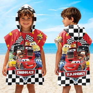 Lightning McQueen Hooded Towel for Kids, Personalized Disney Cars Bath Towel, Custom Name Beach Poncho for Toddler, Cute Cartoon Pool Gift image 1